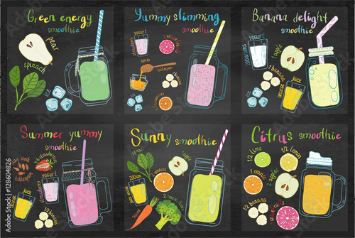Set of fruits smoothie recipes. Raw nature food.