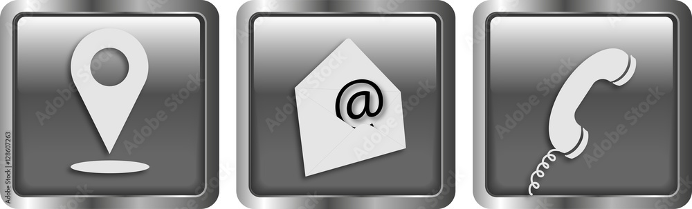 graue Kontakt - Buttons (Standort, E-Mail, Telefon) im modernen Design graue Kontakt - Buttons (Standort, E-Mail, Telefon) im modernen Design