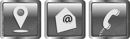 graue Kontakt - Buttons (Standort, E-Mail, Telefon) im modernen Design