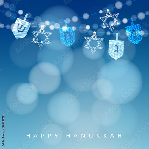 Hanukkah blue background with string of lights, dreidels and jewish stars. Vector background.