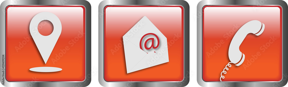 rote Kontakt - Buttons (Standort, E-Mail, Telefon) im modernen Design rote Kontakt - Buttons (Standort, E-Mail, Telefon) im modernen Design