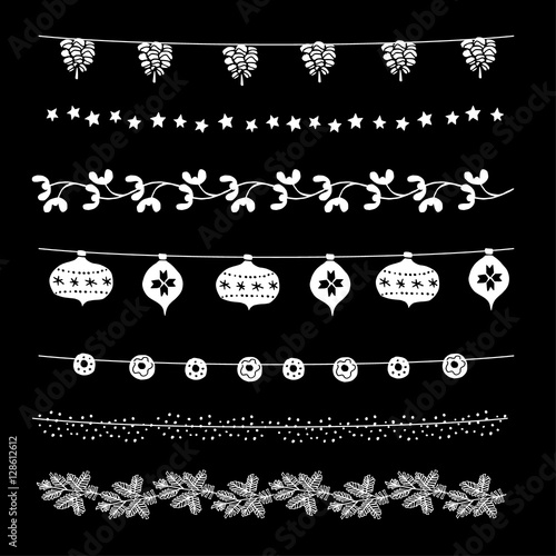 Set of Christmas borders, strings and brushes. Party decoration. Chalk vectors.
