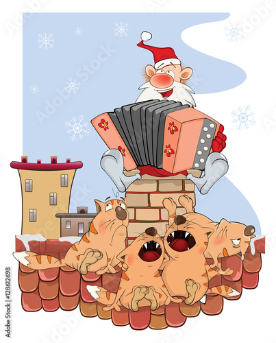  Illustration of a Cute Santa Claus on a Roof. Accordion Player