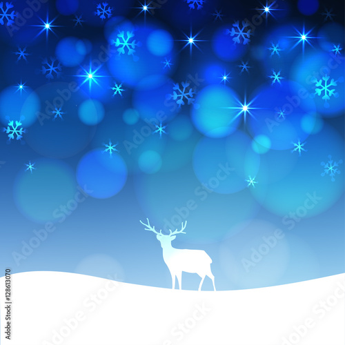 Christmas greeting card with winter landscape and deer silhouette. Festive blurred blue background with twinkle stars. Vector. © tabitazn