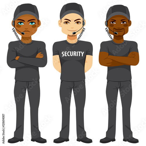 Strong bodyguard team of different ethnicity working in security wearing same black uniform with sunglasses and headset