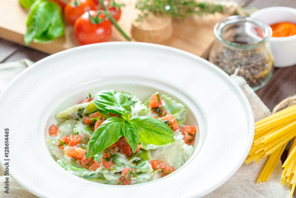 Ravioli pasta from green dough stuffing