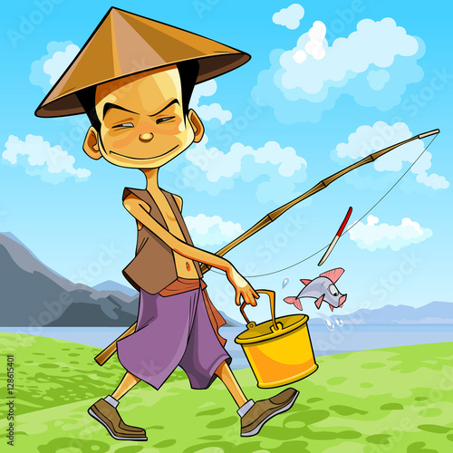cartoon man in a Vietnamese hat walks with a fishing rod
