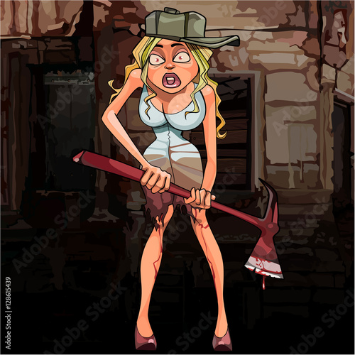 cartoon scared woman with a bloody axe in the ruins