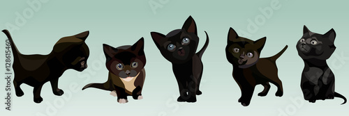 five cartoon cute black kitten in different poses