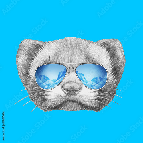 Portrait of Least Weasel with mirror sunglasses. Hand drawn illustration.