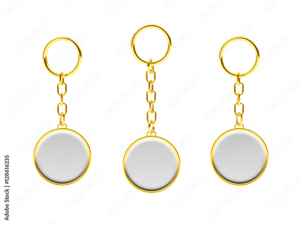 Set of blank round golden keychains isolated on white background. 3d illustration Set of blank round golden keychains isolated on white background. 3d illustration
