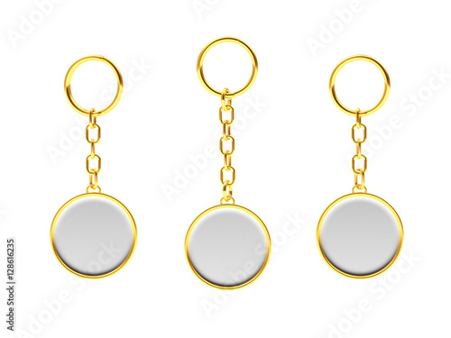 Set of blank round golden keychains isolated on white background. 3d illustration 