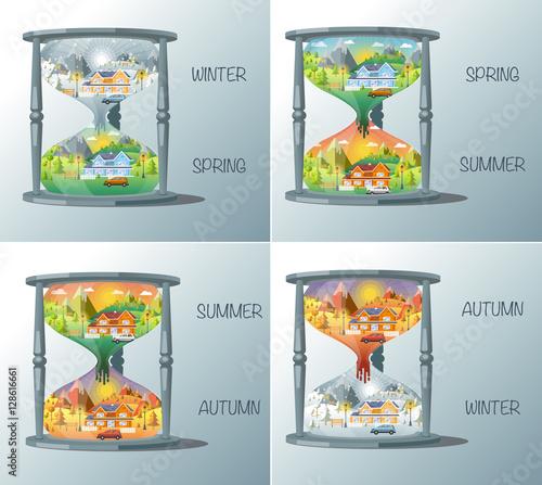 hourglass landscape design set with Winter, Spring, Summer, Autu