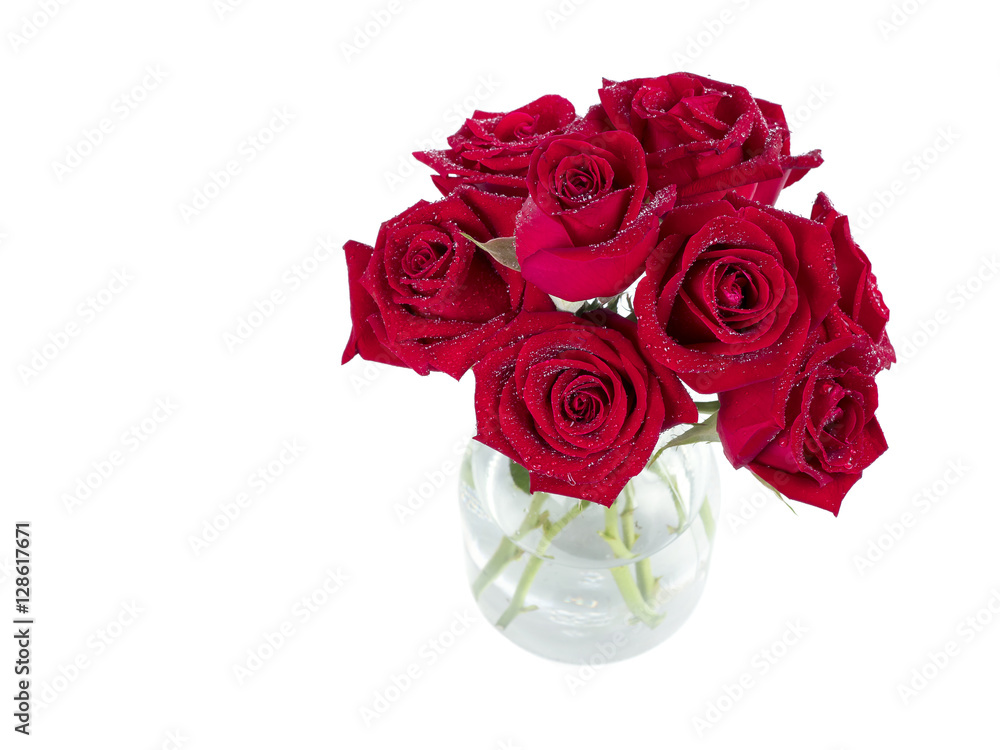 Bouquet red roses flower in glass bottle on isolated background
