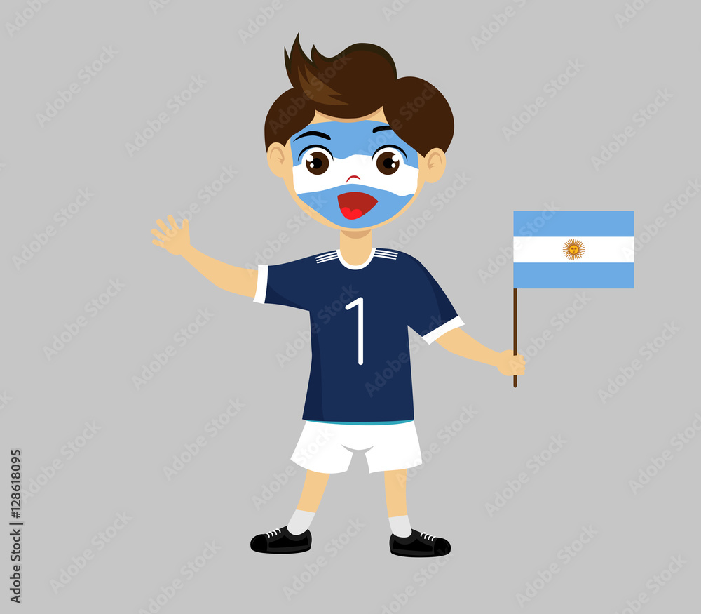 Fan of Argentina national football team, sports. Boy with flag in the colors of the national command with sports paraphernalia.