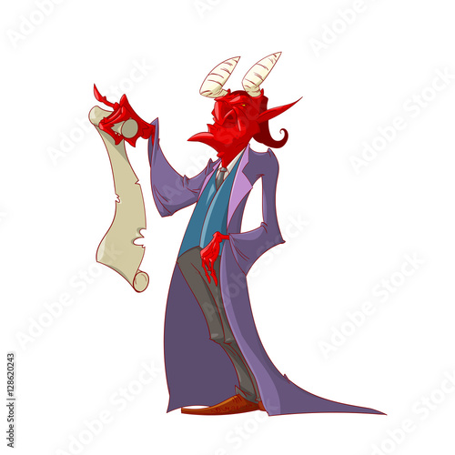 Colorful vector illustration of the devil holding a scroll paper contract for a soul pruchase