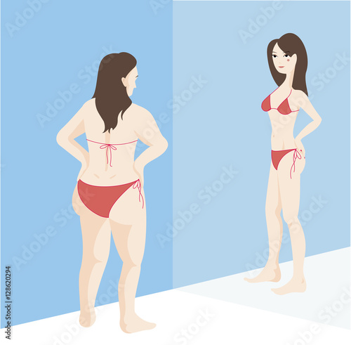 Costume fitting: a fat girl looking at the mirror and seeing her reflection as a skinny woman. Vector illustration on light blue and white background.