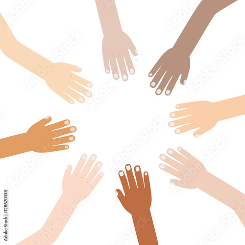 hand raised of different races united vector illustration