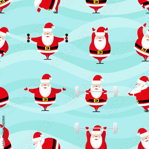 Seamless Happy New Year and Merry Christmas background. Funny and cute sportsman Santa Claus does morning exercises in different poses. Cartoon style. Vector illustration