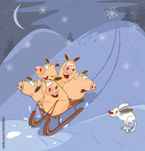 Illustration of a Funny Piglets Driving In a Sledge