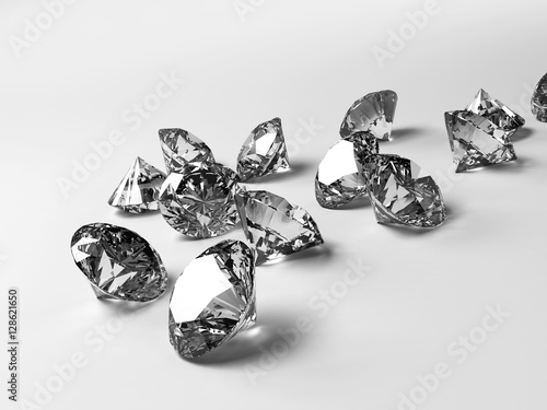 Diamonds placed on white background, 3D illustration.