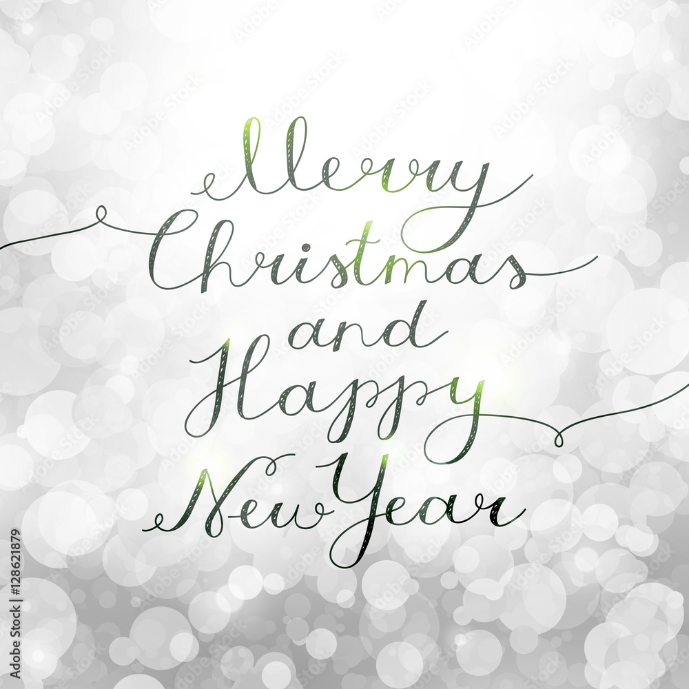 merry christmas and happy new year, vector lettering, handwritten text on background with lights