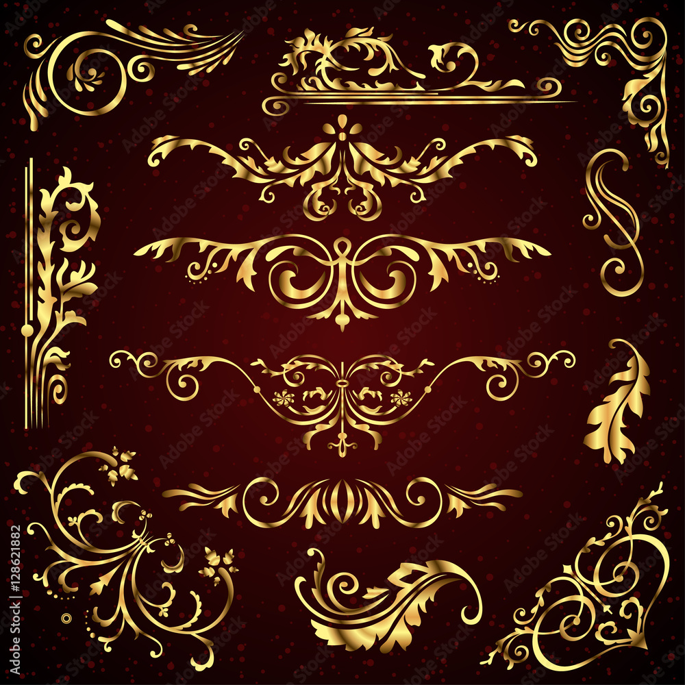 Floral vector set of golden ornate page decor elements like banners, frames, dividers, ornaments and patterns on dark background. Gold calligraphic swirls