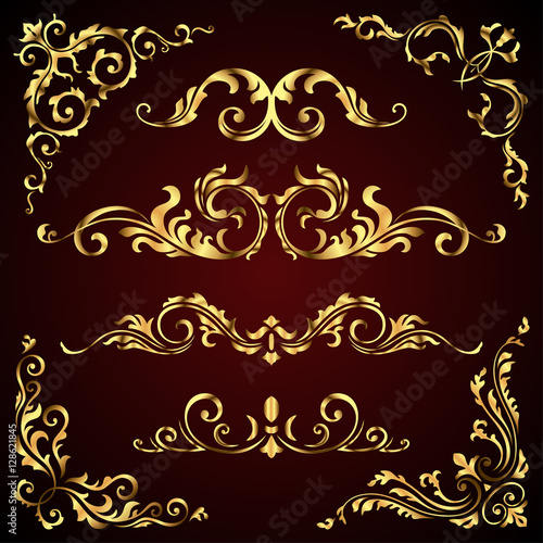 Victorian vector set of golden ornate page decor elements like banners, frames, dividers, ornaments and patterns on dark background. Gold calligraphic swirls