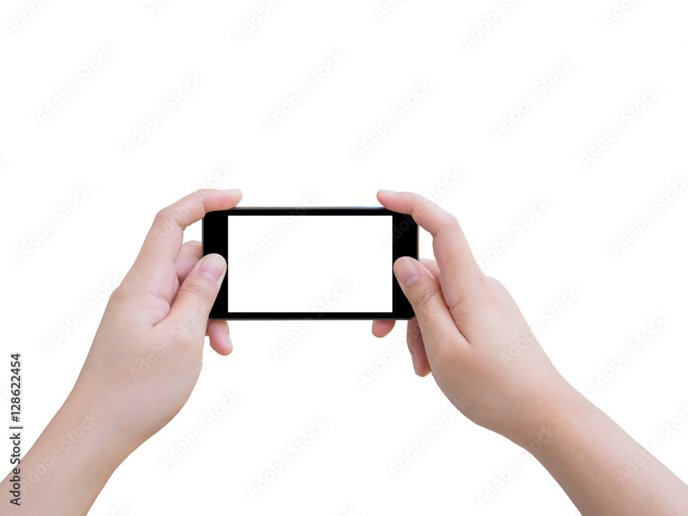 Hand holding smart phone taking photo isolated on white backgrou Hand holding smart phone taking photo isolated on white backgrou