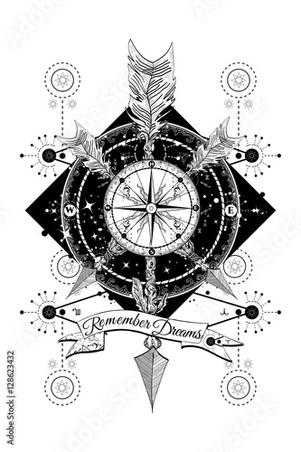 Rose compass and crossed arrows tattoo. Boho style, adventure