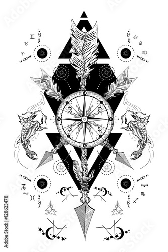 Rose compass and crossed arrows tattoo. Boho style, adventure