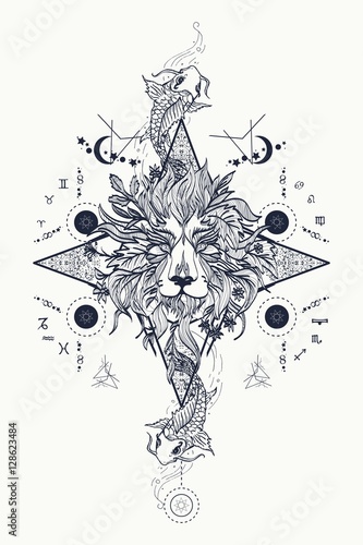 Mystic lion and carp, medieval astrological symbols