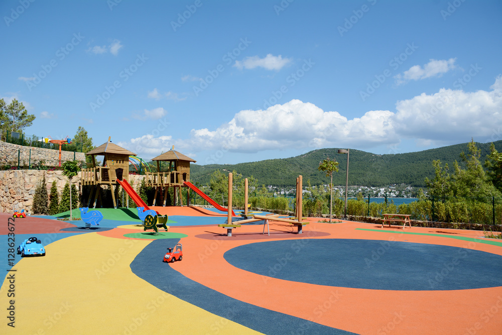 Colorful children playground in sea resort with sea view