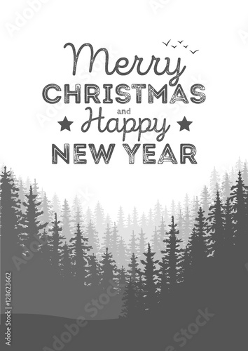 Christmas landscape background with falling snow, forest silhouette, mountains, and letters