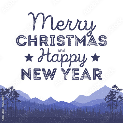Christmas landscape background with falling snow, forest silhouette, mountains, and letters