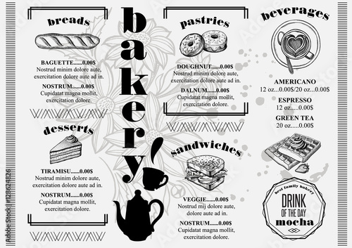 Menu bakery restaurant, food template placemat.