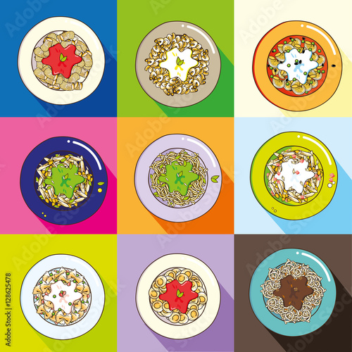 Colorful pasta plates set: a collection of the typical italian dishes as tomato sauces, pesto, carbonara, bolognese sauce fettuccine, alfredo cheese macaroni. Vector, long shadows, colored background