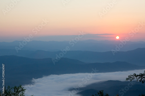 mountain landscape when the sun is sunrise can see mist at nan, Thailand