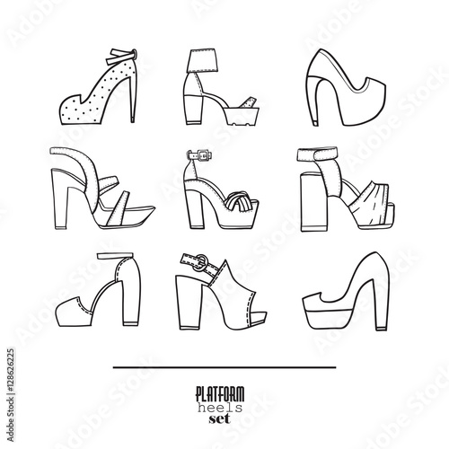 Lovely set with stylish fashion shoes, hand drawn and isolated on white background. Vector illustration showing various platform heels shoes and sandals. Summer collection in black and white