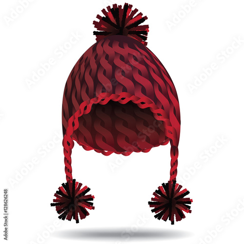 Warm cable knit cozy Christmas hat with ear flaps and pompons in red.
