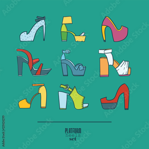 Lovely set with stylish fashion shoes, hand drawn and isolated on background. Vector illustration showing various platform heels shoes and sandals. Summer collection with different decoration design