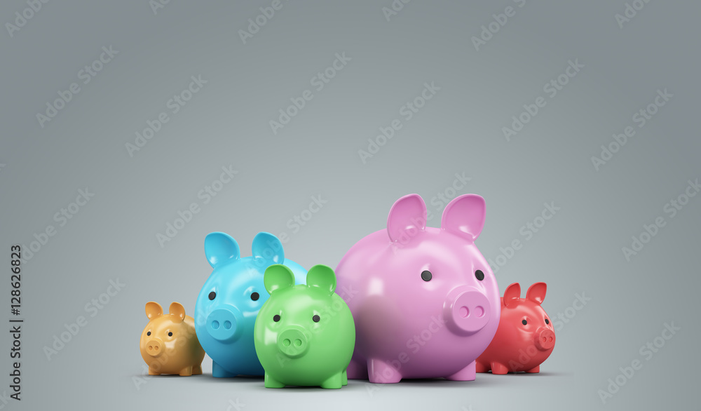 Many multicolored piggy banks on a gray background. 3d render il Many multicolored piggy banks on a gray background. 3d render il