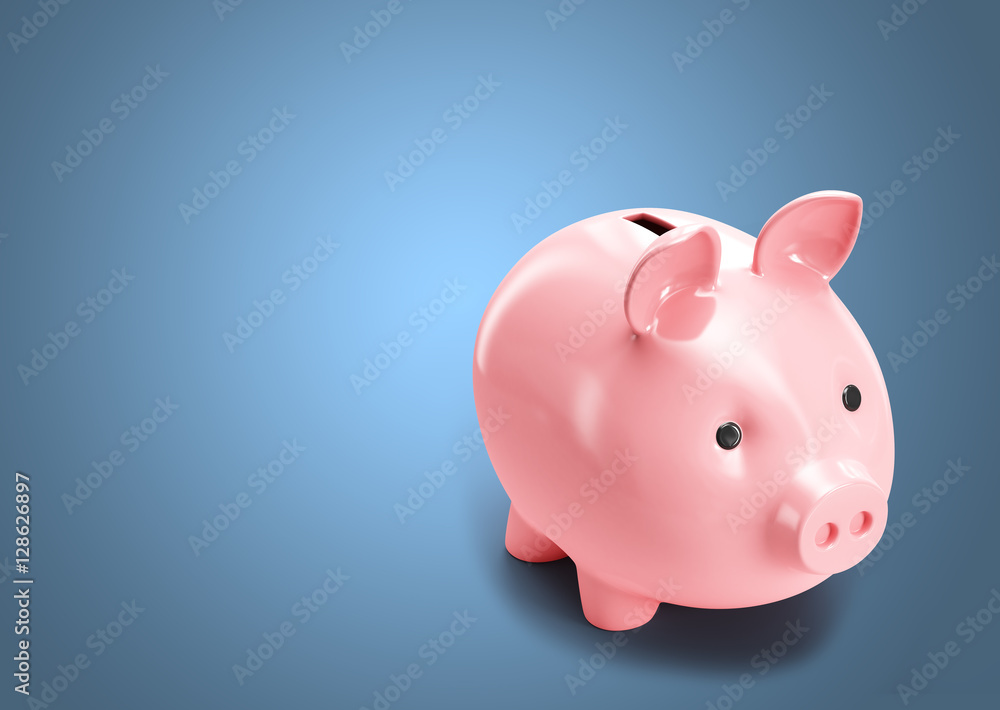Pink piggy bank isolated on blue background. 3d render illustrat Pink piggy bank isolated on blue background. 3d render illustrat