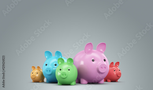 Many multicolored piggy banks on a gray background. 3d render il