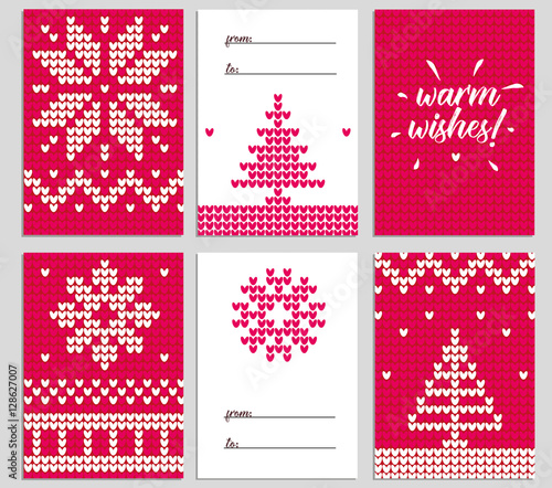 Vector Christmas background. Illustration of Knitted Sweater Greeting card for Design, Website, Background, Banner. Christmas Flyer Template. Holiday Winter gift tags. Scandinavian style.