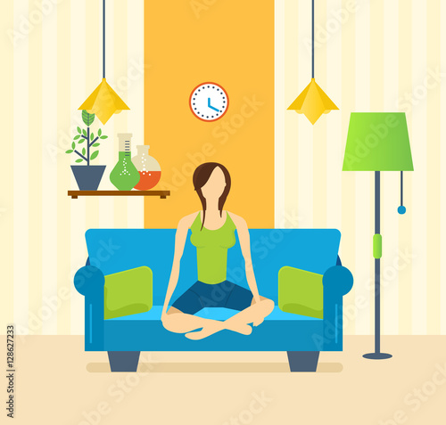 Yoga, interior of the room, furniture for relaxing, quiet atmosphere.