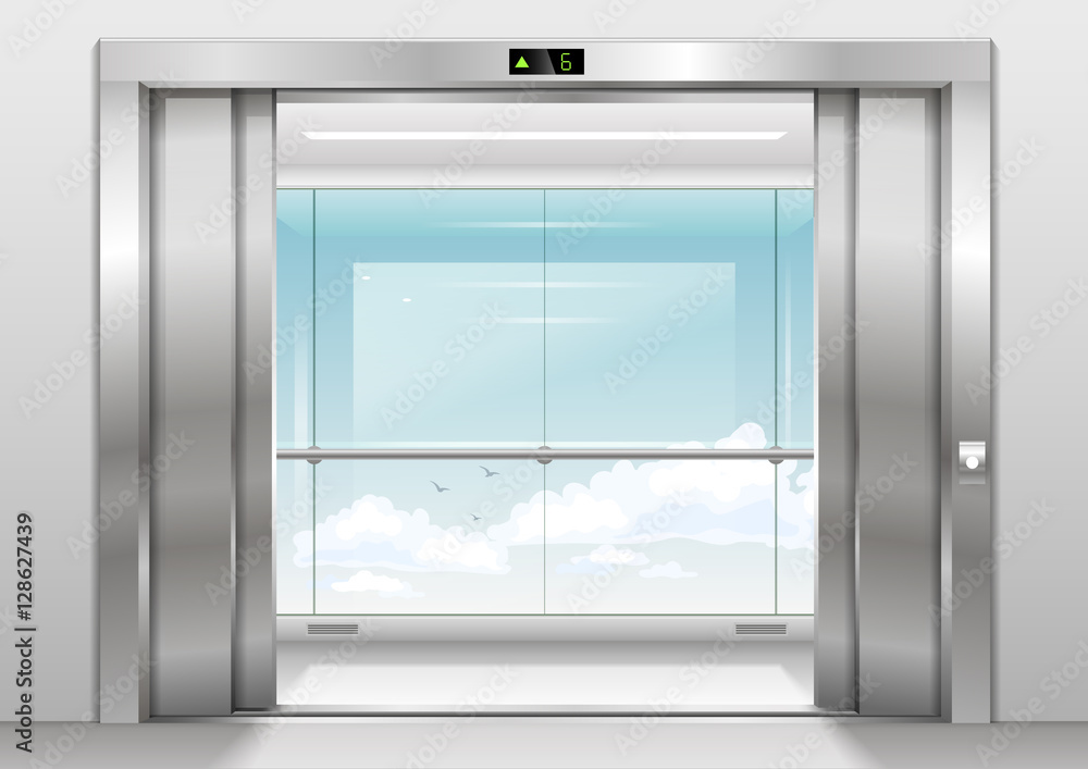 Open Doors panoramic elevator with a glass wall or window. Vector graphics. Glass transparency effect Open Doors panoramic elevator with a glass wall or window. Vector graphics. Glass transparency effect