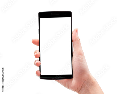 woman hand holding phone isolated on white background