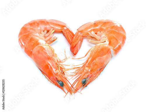 Cooked shrimps,prawns heart shape isolated on white background