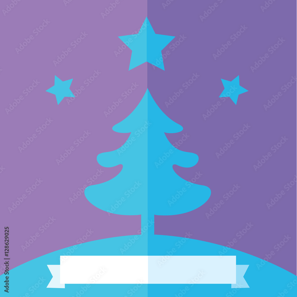 A blue Christmas Tree flat design illustration, under a star on a violet background, with a ribbon for copy space on the bottom. Vector image. A blue Christmas Tree flat design illustration, under a star on a violet background, with a ribbon for copy space on the bottom. Vector image.